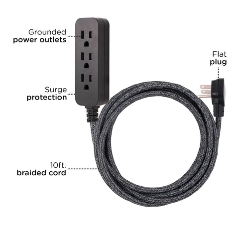 Image of Go To Three Outlet Power Strip Surge Protector Kit with 10 foot braided flat extension cords, UL listed, 3-prong design