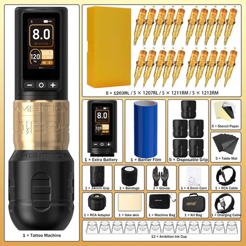 Wireless Rotary Tattoo Pen Kit With Brushless Motor Dual Batteries 42mm Grip 20 Needles Pro Tattoo Gear