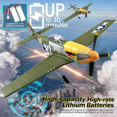 RC Airplane P51D Mustang with 3D/6G Gyro Stability, 5CH flying with high-capacity batteries detail, 510mm wingspan.