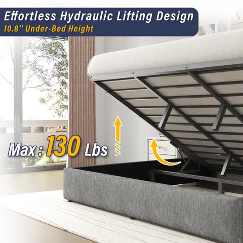 Game Changing King Bed Frame With Hydraulic Gas Lift Storage showing hydraulic lifting design and under-bed height.