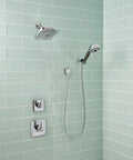 Ashlyn Chrome 3 Function Shower Diverter Trim Kit With 3 Way Diverter in modern shower with green tiles and handheld spray