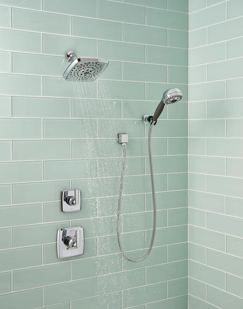 Ashlyn Chrome 3 Function Shower Diverter Trim Kit With 3 Way Diverter in modern shower with green tiles and handheld spray