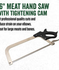 16 Inch Meat Saw With Tightening Cam, Nickel Plated Frame, Ergonomic Black Handle displayed on a white background