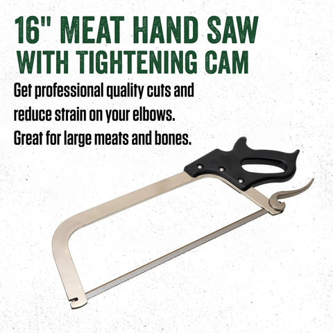 16 Inch Meat Saw With Tightening Cam, Nickel Plated Frame, Ergonomic Black Handle displayed on a white background