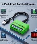 Six In One Drone Charger With Six XH Ports For 3.7V LiPo Batteries on a blue surface, showing USB cable and LED feedback.