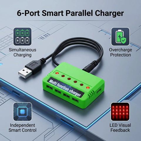 Six In One Drone Charger With Six XH Ports For 3.7V LiPo Batteries on a blue surface, showing USB cable and LED feedback.