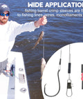 Angler using 420 Piece Fishing Crimp Sleeves Kit With Copper Brass Single Barrel Crimping Sleeves and black finish for rigging