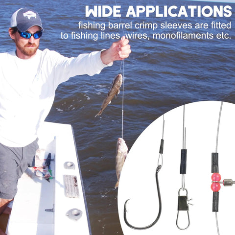 Angler using 420 Piece Fishing Crimp Sleeves Kit With Copper Brass Single Barrel Crimping Sleeves and black finish for rigging