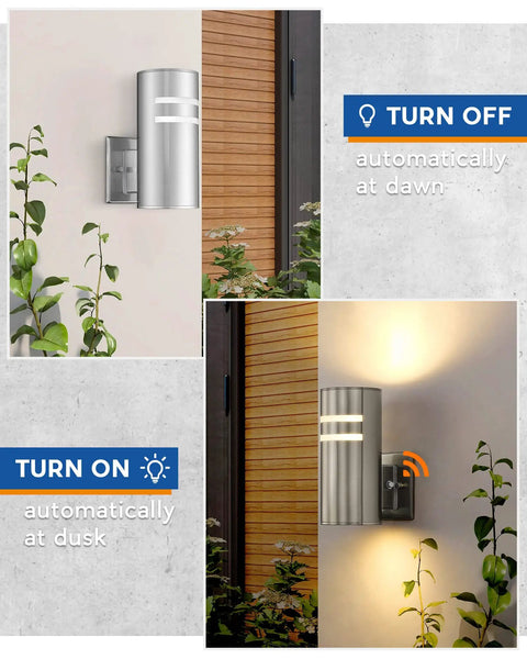 Two Pack Dusk To Dawn Outdoor Wall Sconces, Waterproof Stainless Steel Exterior Light Fixtures With Sensor, showing auto on off