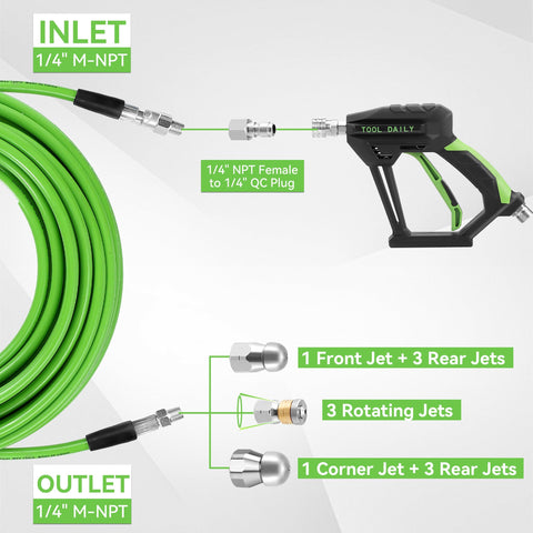 Sewer Jetter Kit For Pressure Washer With 100 Ft Hose And Short Gun, Button Nose, Rotating And Corner Nozzles, Quarter Inch NPT, Quick Connect, 3600 PSI Drain Cleaning Set For Home Use