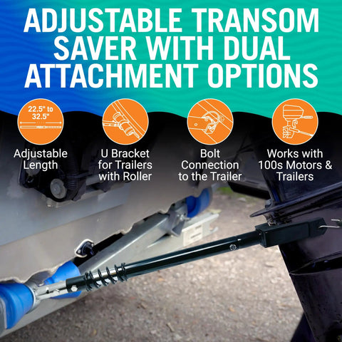 Adjustable Transom Saver for Outboard Motors, showing dual attachment options with zinc plated steel adjustable from 22.5 to 32.5 inches.