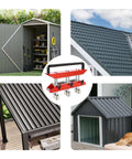 3 Station Metal Roofing Bender with Edge Roller shown alongside completed roofing projects, illustrating its use for sheds and patios.