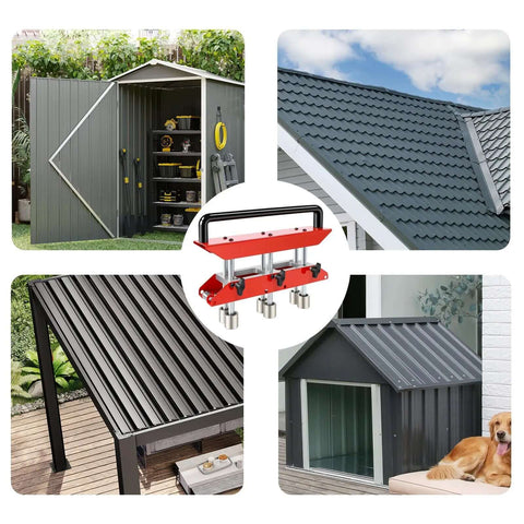 3 Station Metal Roofing Bender with Edge Roller shown alongside completed roofing projects, illustrating its use for sheds and patios.