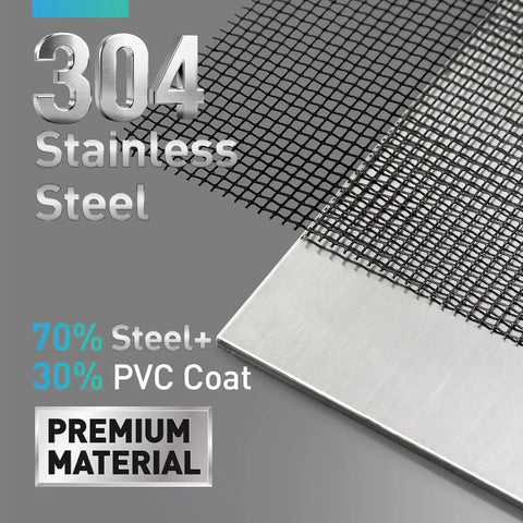 Close-up of Heavy Duty 304 Stainless Steel Window Screen Roll 35 Inch By 10 Foot Black PVC Coat 22 Mesh with steel and PVC details.