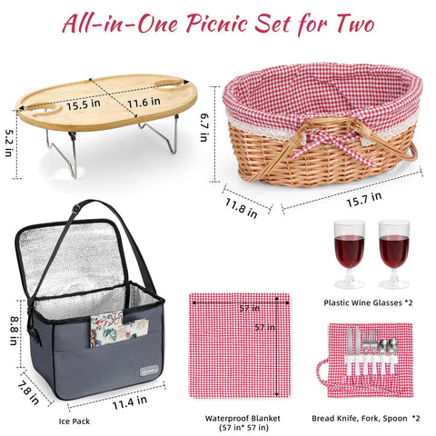 Picnic For Two With Table Lid Waterproof Blanket Insulated Cooler Bag And Collapsible Set With Spoons Knives Plastic Wine Glasses