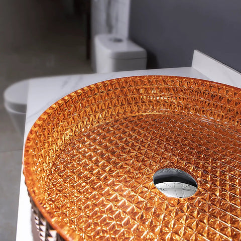 USZWBY Bathroom Vessel Sink Vanity Glass Vessel Bowl Sink Cylindrical Countertop Sink Bowl Above Counter Sink Art Basin with Waterfall Faucet and Pop Up Drain,Gold, close-up view of patterned glass bowl.