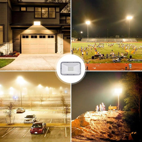 JUDYSSY Led Flood Lights Outdoor 30W, Ip67 Waterproof Garden Security Lights illuminating garage and sports field at night.