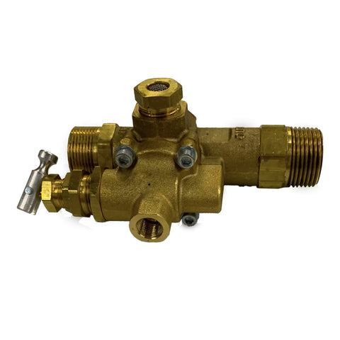 Gas Air Compressor Unloader Valve Combo For 145 To 175 PSI With Three Quarter Inch Inlet And Outlet, brass body, side view.
