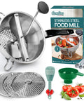Pro Grade Stainless Steel Food Mill With 3 Milling Discs, Ergonomic Hand Crank, blue, shown with packaging and accessories.