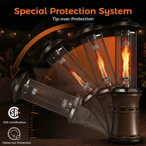 Gas Patio Heater With Wheels, Floor Standing Outdoor Heater With Round Dancing Flame And Glass Tube, showing tip-over protection system