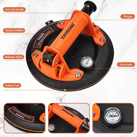 Heavy Duty Vacuum Suction Cup Lifter For Glass And Large Appliances with pressure gauge, showing features like anti-slip handle, release valve.