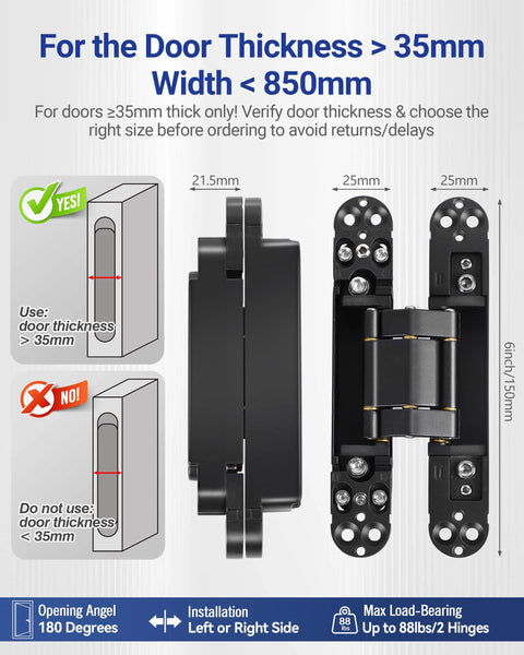 Hidden Door Hinges 6x2.5x1 Inch Zinc Alloy Concealed Hinge Set Black Heavy Duty 3 Way Adjustable Silent 180 Degree Swing for Doors Over 35mm Thick Invisible Butt Hinges Pack of 2, displayed with measurement and installation guide.