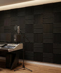 52 Pack Black Acoustic Foam Tiles With Bonus Double Sided Tape Killer Sound Absorbing Studio Wall Panels For Home Theater And Gaming Rig Total Echo Dampening 12 Inch Grid Texture on wall