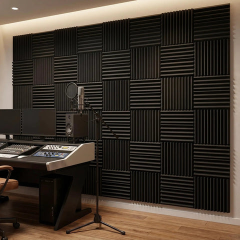 52 Pack Black Acoustic Foam Tiles With Bonus Double Sided Tape Killer Sound Absorbing Studio Wall Panels For Home Theater And Gaming Rig Total Echo Dampening 12 Inch Grid Texture on wall