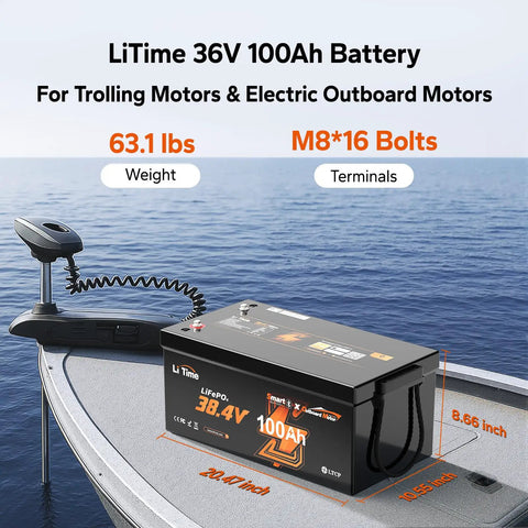 36V 100Ah Marine Power Kit with Bluetooth 5.0 Lithium Battery and Built In 100A BMS for boats, shown on boat deck