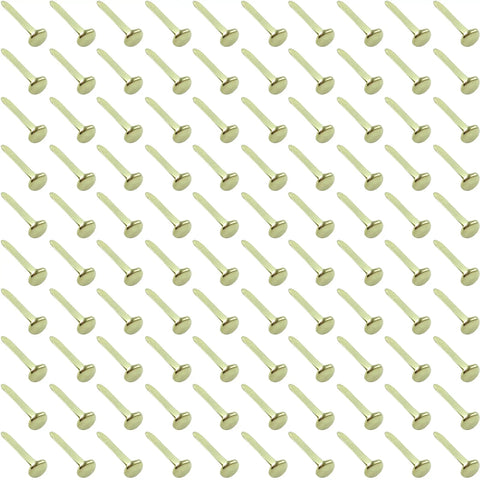Premium 100 Pack Brass Plated Paper Fasteners One Inch Tough Metal Brads arranged in neat rows on a white background.