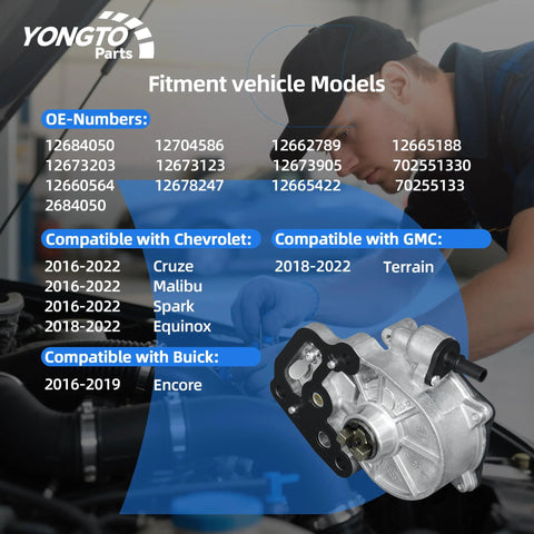 Side view of Yongto Parts aluminum brake vacuum pump for Chevrolet Cruze Malibu Spark Equinox; GMC Terrain; Buick Encore