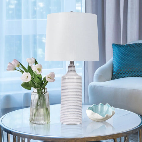 Blue Ceramic Table Lamps Set Of 2 For Nightstand And Living Room, Striped Blue And Gray On Cream Base, lamp on round table
