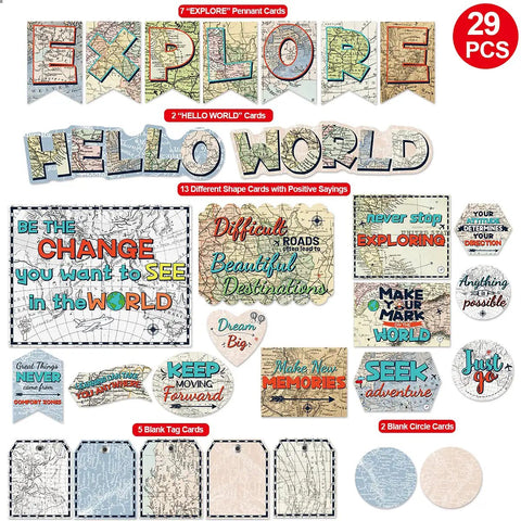 Map Bulletin Board Set With Travel Theme For Classrooms Adventure Decor Back To School Wall Party 29 Pcs Colorful Map Cutouts And Motivational Words For Inspiring Learning