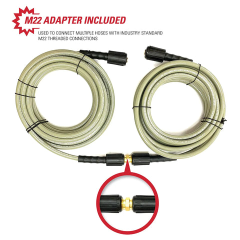 Morflex Series 3300 PSI Pressure Washer Hose for Cold Water Use, 25 Feet, One Quarter Inch Inner Diameter with M22 Adapter