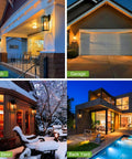 16 Inch Outdoor Wall Lantern Dusk To Dawn Sconce Waterproof Exterior Lighting Anti Rust Matte Black Porch Lamp With Glass Shade And E26 Socket For Outdoor Use Easy Mount Built To Last Pack Of 2 shown on porch, garage, front door, and back yard at night.