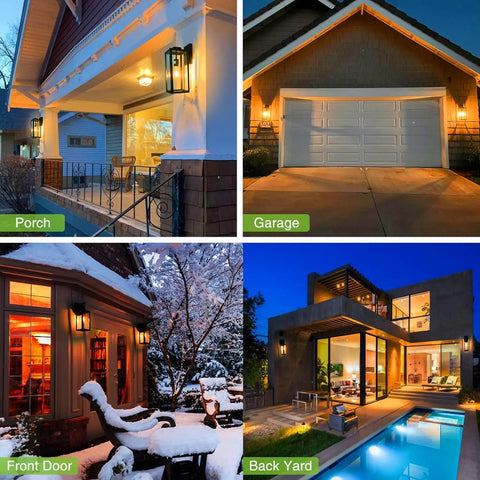 16 Inch Outdoor Wall Lantern Dusk To Dawn Sconce Waterproof Exterior Lighting Anti Rust Matte Black Porch Lamp With Glass Shade And E26 Socket For Outdoor Use Easy Mount Built To Last Pack Of 2 shown on porch, garage, front door, and back yard at night.