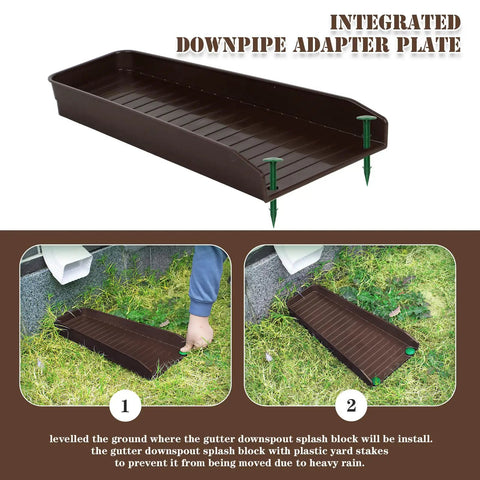 Heavy Duty Gutter Downspout Splash Blocks To Keep Your Backyard Dry And Foundation Safe 16 Inch Brown Four Pack showing integrated downpipe adapter plate with stakes.