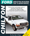 Ford Super Duty F-250 F-350 Pickups and Excursion 1999-2010 Repair Manual for US and Canadian Models With Step-By-Step Procedures, Wiring Diagrams, Diagnostic Charts, and DIY Friendly Total Car Care Maintenance Guide cover with white pickup truck