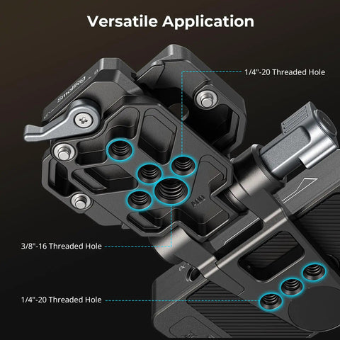 Close-up of NP-F Battery Plate With Quick Release And Arca Swiss Mount, highlighting threaded holes for versatile application.