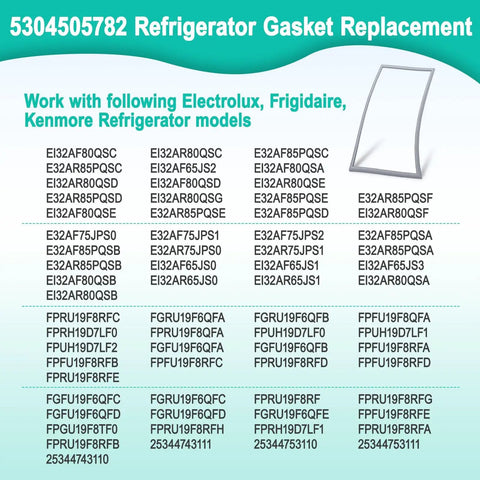 2 Pack Upgraded 5304505782 Freezer Door Gasket Replacement Seal No Fuss 65 By 31 Inch Fits FPRU19F8RFC, FPUH19D7LF1, FPRH19D7LF1 Frigidaire And Electrolux Freezers Durable EPDM Rubber Cold Resistant High Temp Welded Seal shown in compatibility chart for various models