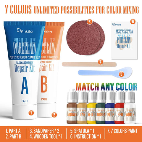 Ceramic Tile Repair Kit for Chips and Cracks Color Matched Porcelain Tile Repair Filler with Superior Adhesion Home DIY Patch Kit for Floors and Walls Easy Color Match for Tiles Including Chip and Hole Restoration, showing contents including pigments, tubes A and B, and tools.