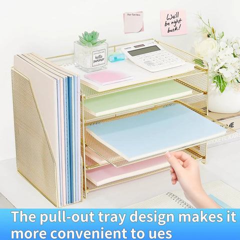 Five Tier Desk Organizer With Magazine Holder In Gold Finish Paper Tray And Letter Tray Desktop File Organizer