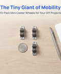 10 Pack Heavy Duty Mini Furniture Casters That Roll Like A Dream With Silent TPE Pads For Tool Benches Cabinet Drawers And Office Desks, displayed on a wood surface with a coin.