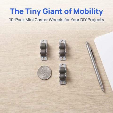 10 Pack Heavy Duty Mini Furniture Casters That Roll Like A Dream With Silent TPE Pads For Tool Benches Cabinet Drawers And Office Desks, displayed on a wood surface with a coin.