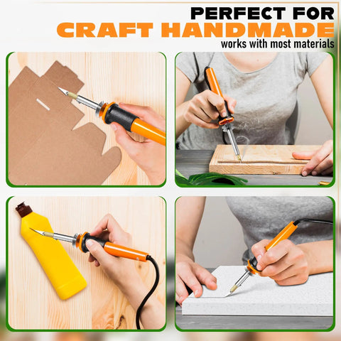 30W Hot Knife Foam Cutter Set With 10 Carbon Steel Blades And Wood Burning Tip Fast Healing Plastic Cutting Tool For Diy Crafts Mesh Carving And Sculpting Projects Full Kit With Stand in use on various materials.