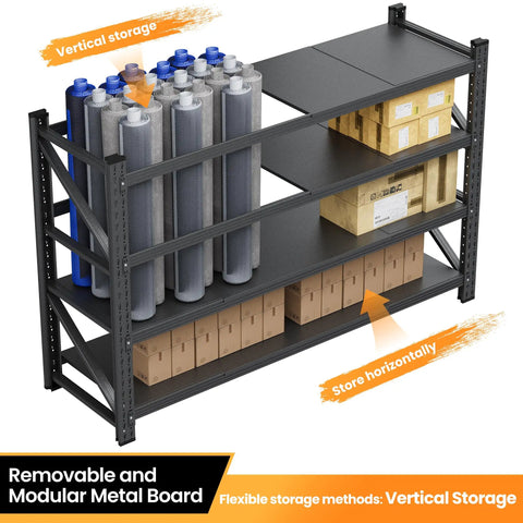 Heavy Duty 4 Tier Garage Shelving Unit, 71 Inch Wide Steel Storage Rack, 5000 Lb Capacity with items stored vertically and horizontally