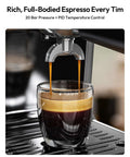 Espresso Machine With Built In Grinder And Milk Frother 20 Bar Coffee Maker brewing espresso shot into glass cup