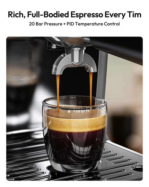 Espresso Machine With Built In Grinder And Milk Frother 20 Bar Coffee Maker brewing espresso shot into glass cup