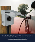 Top Shelf 50 Amp Rv Power Outlet Panel With Nema 14 50R Socket mounted on wood post near car for outdoor charging.