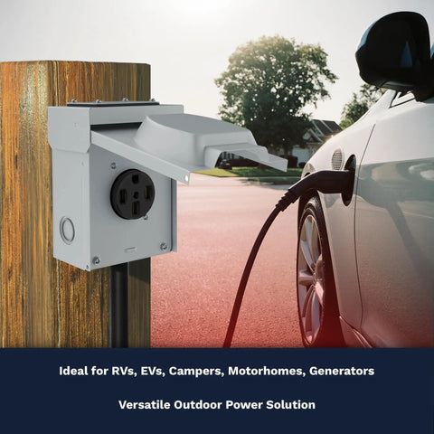 Top Shelf 50 Amp Rv Power Outlet Panel With Nema 14 50R Socket mounted on wood post near car for outdoor charging.